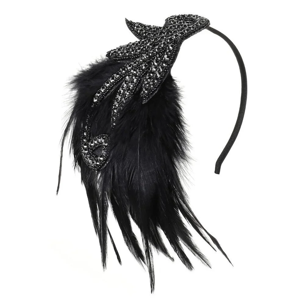 1920s Flapper Headband Feather Beads Rhinestones Gatsby Party Accessory